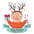 Cute cartoon pig with reindeers horns, garlands and christmas balls.