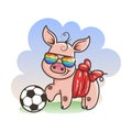 Cute cartoon pig with a soccer ball. Vector illustration.