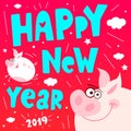 Cute cartoon piggy flying character, funny, smile, nose, heart, piglet, pink. Greeting cards, lettering, asian symbol mascot Year