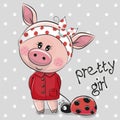 Cute Cartoon Piggy Girl in a red coat