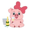 Cute cartoon piggy with a glass, a bottle of champagne and a bucket of ice Royalty Free Stock Photo