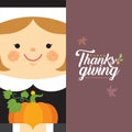 Thanksgiving day - cartoon pilgrim girl holding pumpkin in flat design Royalty Free Stock Photo