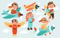 Cute cartoon pilots flat icons set. Cute baby with airplane toy, special flying suit and airplanes transport Royalty Free Stock Photo