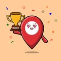 Cute Cartoon pin location is holding golden trophy Royalty Free Stock Photo
