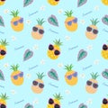 Cute cartoon pineapple with sunglasses summer concept seamless pattern.
