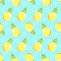 Cute cartoon pineapples and hearts, seamless vector pattern, hand-drawn