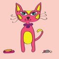 Cute cartoon pink cat with mause and plate Royalty Free Stock Photo