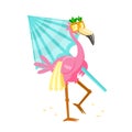 Cute Cartoon Pink Flamingo in Funny Sunglasses with Towel and Umbrella Walk to Beach. Character Summer Vacation
