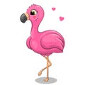 Cute cartoon pink flamingo with hearts.