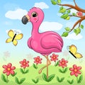 Cute cartoon pink flamingo in nature. Royalty Free Stock Photo