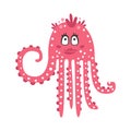 Cute cartoon pink flirtatious octopus girl character, funny ocean coral reef animal vector Illustration