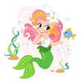 Cute cartoon pink hair mermaid and a fish vector illustration Royalty Free Stock Photo