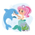 Cute cartoon pink haired mermaid with a dolphin vector illustration