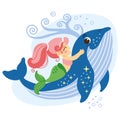 Cute cartoon pink haired mermaid with a whale vector illustration Royalty Free Stock Photo