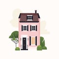 Cute cartoon pink house apartment vector illustration. City cottage isolated on white background Royalty Free Stock Photo