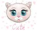 Cute Cartoon pink kitten face on a flovers background