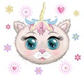 Cute Cartoon pink kitten face on a flovers background