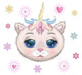 Cute Cartoon pink kitten face on a flovers background