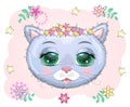 Cute Cartoon pink kitten face on a flovers background