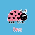 Cute cartoon pink lady bug with dots in shape of heart. Love car