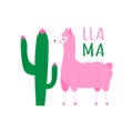 Cute cartoon pink llama sniffing a flower on a cactus.