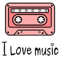 Cute cartoon pink music tape with I love music quote illustration