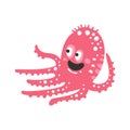 Cute cartoon pink octopus character, funny ocean coral reef animal vector Illustration Royalty Free Stock Photo