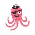 Cute cartoon pink octopus character pirate with an eye patch, funny ocean coral reef animal vector Illustration