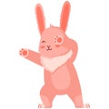 Cute cartoon pink rabbit dancing. Dabbing dance pose Royalty Free Stock Photo