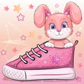 A cute cartoon pink rabbit with a sneaker.