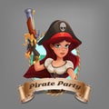 Cute cartoon pirate girl. Illustration of pirate party.