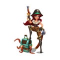 Cute cartoon pirate girl with treasure chest and octopus.