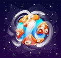 Cute cartoon planet at space background and bright stars around, game icon, galaxy theme