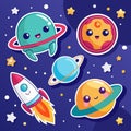 Cute cartoon planets and rocket flying in space Royalty Free Stock Photo