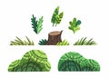 Cute cartoon plants clip art set isolated on white vector. Bushes, leaves and stump clipart stock flat illustration.