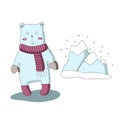 Cute cartoon polar bear character with scarf and snow-capped mountains. Vector isolated illustration in simple style. Royalty Free Stock Photo