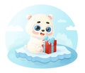 Cute cartoon polar bear with gift on ice floe. Vector illustration in style with animal character. Kids collection. Royalty Free Stock Photo