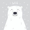 Cute cartoon polar bear portrait, quote Wild, snow Royalty Free Stock Photo
