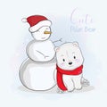 Cute cartoon polar bear in scarf and snowman Royalty Free Stock Photo