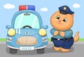 Cute cartoon police cat and blue police car.