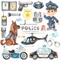 Watercolor set with police helicopter, car, motorcycle, police officer and police equipment Royalty Free Stock Photo