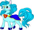 Cute cartoon pony character. Pony baby superhero. Vector isolated on white background. Fairytale pony in a superhero