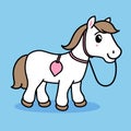 Cute cartoon pony with pink collar and heart tag. White horse with brown hair smiling on blue background. Child-friendly