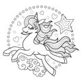 Cute cartoon pony unicorn. Linear black and white drawing. Vector
