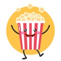 Cute cartoon popcorn character on yellow background. Popcorn dancing and juggling. Flat style