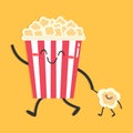 Cute cartoon popcorn character on yellow background. Popcorn walks holding babys hand. Flat style