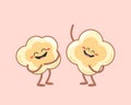 Cute cartoon popcorn characters on pink background. Two popcorns is laughing. Flat style