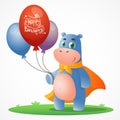 Cute cartoon postcard with Hippo in heroic orange cloak standing on grass and holding balloons