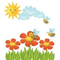 Cute cartoon postcard. Sunny lawn with bees flying under red daisy flowers and grass isolated on white background.