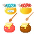 Cute cartoon pots and jars with honey. Children s illustration. Isolated on a white background
